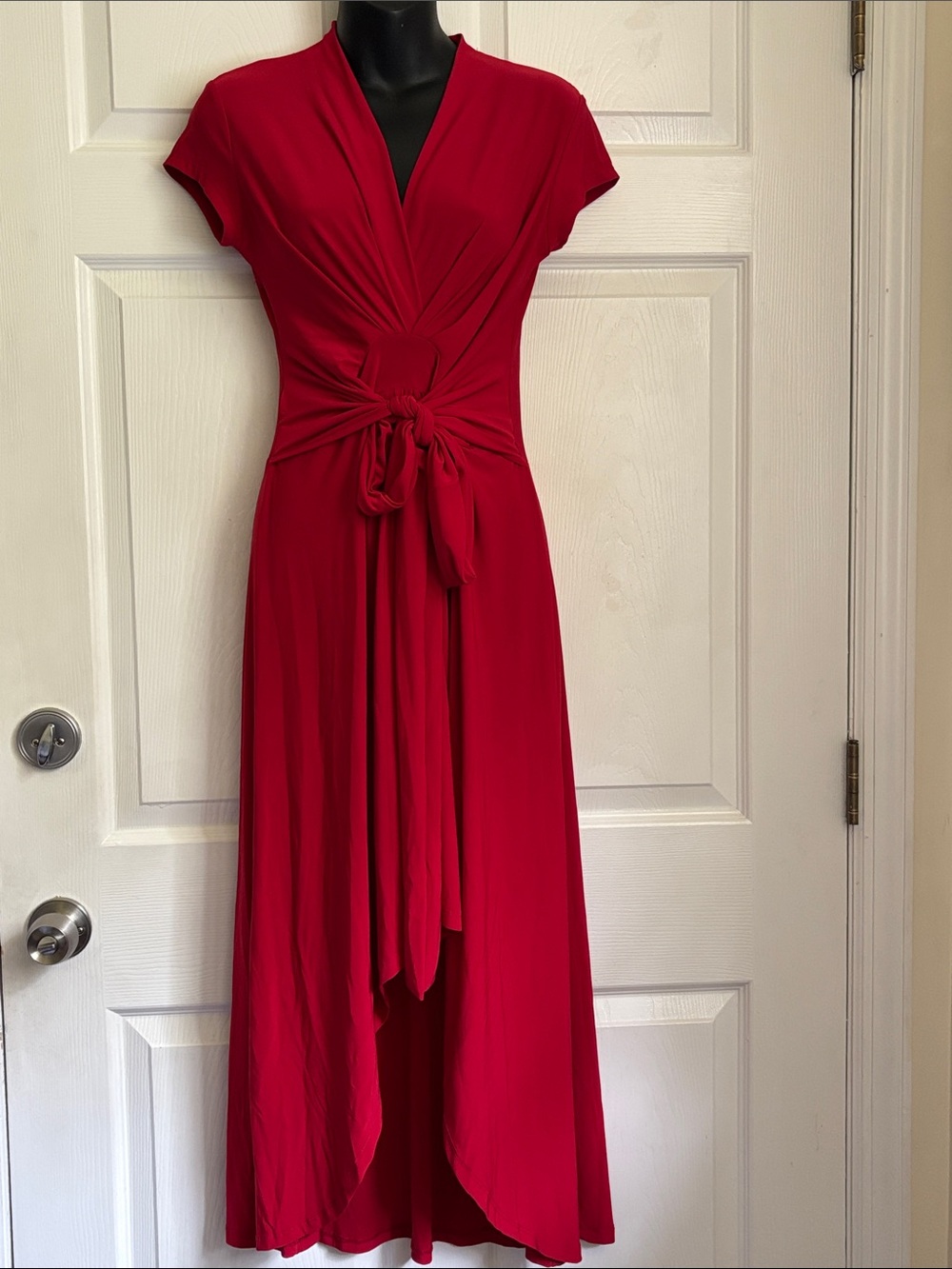 IMAN Slinky Red Tie-Waist V-Neck high low cascade Midi Dress size S classy sexy